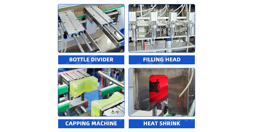 4 Heads  Auto Liquid Filling Capping Heat Shrinking Production Line with Unscrambler